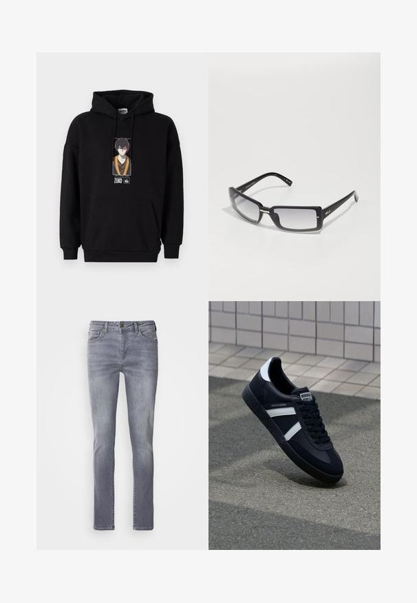 Mustapullovaihdolla, jossa on etupuolella kenguru-tasku, ja siinä on painettu grafiikka hahmosta. Puuvillasekoitekangasta, ribbauskäänteet ja helma.; Vaaleanharmaat farkut, joissa on suora leikkaus. Farkuissa on viisi taskua, messinkinen nappikiinnitys ja hienovarainen kulutusjälki jaloissa.; Mustat nahkakengät valkoisilla raidoilla, teksturoitu kumipohja ja nauha edessä. Varustettu merkkitarralla kielen päällä.; Mustat suorakulmaiset aurinkolasit, joissa on gradienttilinssi, paksu kehys ja metalliset yksityiskohdat varsissa. Sileä pinta koko ajan.