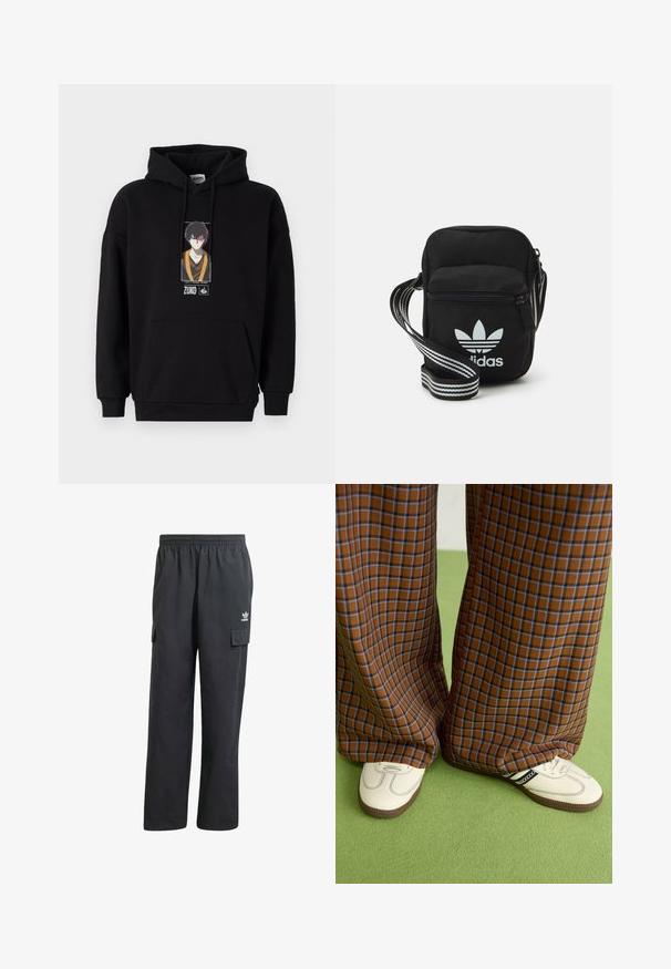 Must must, mille ees tasku, millel on trükitud graafika isikust. Puuvilla segakangas, soonikkoes mansetid ja allserv.; Mustad mustreebiga mustad cargo püksid elastse vöökaarega, kahe külge taskuga ja diskreetse logoga vasakul reitel. Valmistatud kergest kangast.; Pruunide ja siniste ruuduliste laiad püksid, mille juurde on kombineeritud valged kingad mustade aktsentidega ja tekstuursete taldadega, roheline taust.; Mustmust värvi risti koti, millel on tõmblukuga sulgemine, valge Adidas'i logo ja triibuline reguleeritav rihm mugavaks kandmiseks.