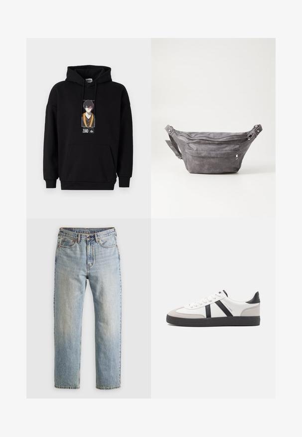 Čierna mikina s kapucňou a prednou klokankou, s potlačeným grafickým motívom postavy. Zmes bavlny, rebrované manžety a lem.; Svetlomodré džínsy s vysokým pásom, predným gombíkom, zipsom a dizajnom s piatimi vreckami, rozložené na neutrálnom pozadí.; Biele tenisky s čiernymi a šedými akcentmi, s textúrovanou šedou špičkou, čiernou gumovou podrážkou a plochými bielymi šnúrkami. Čistý dizajn, minimalistický štýl.; Sivá semišová ľadvinka s okrúhlym tvarom, dvoma zipsovými priehradkami a nastaviteľným popruhom. Obsahuje kovové prvky.