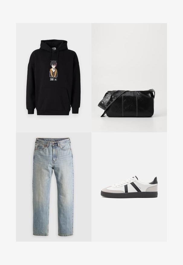 Crna dukserica s prednjim kengur džepom, s otisnutim grafičkim prikazom lika. Mješavina pamuka, rebrasti manžeti i donji rub.; Svijetloplave traperice visoki struk, prednji gumb, zatvarač i dizajn s pet džepova, položene ravno na neutralnoj pozadini.; Bijele tenisice s crnim i sivim detaljima, s teksturiranim sivim zaštitnikom prstiju, crnim gumene potplate i ravnim bijelim vezicama. Čist dizajn, minimalistički stil.; Crna kožna torba preko ramena s zatvaranjem na patentni zatvarač, s teksturiranim tijelom, bijelim šavovima i remenom sa srebrnim okovima.