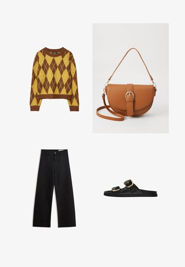 Bruin en geel ruitpatroon trui, cropped ontwerp, ronde hals, gemaakt van zacht gebreid materiaal met geribbelde boorden en onderrand.; Zwarte denim broek met wijde pijpen en een hoge taille, voorzien van voor- en achterzakken, gestikte naden en een knoopsluiting. Gladde textuur.; Zwarte slipper met twee gouden gesps, gladde textuur, platte zool en een minimalistisch ontwerp.; Bruine leren schoudertas met een gebogen vorm, gouden hardware en een gespaccent. Bevat een afneembare schouderriem.