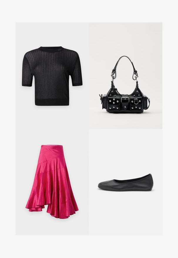 Maglione nero a maniche corte realizzato in tessuto a coste, con scollatura rotonda e una vestibilità leggermente morbida. Leggera lucentezza visibile nella texture.; Gonna in satin magenta con orlo svasato, caratterizzata da pannelli sovrapposti e design asimmetrico. Tessuto liscio e lunghezza media.; Pantofole da balletto nere in pelle con punta arrotondata, texture liscia, dettagli di cucitura minimi e design con suola flessibile.; Borsa a mano in pelle nera con design curvo, caratterizzata da borchie argentate, una fibbia e due tasche laterali. Tracolla regolabile per diverse opzioni di trasporto.