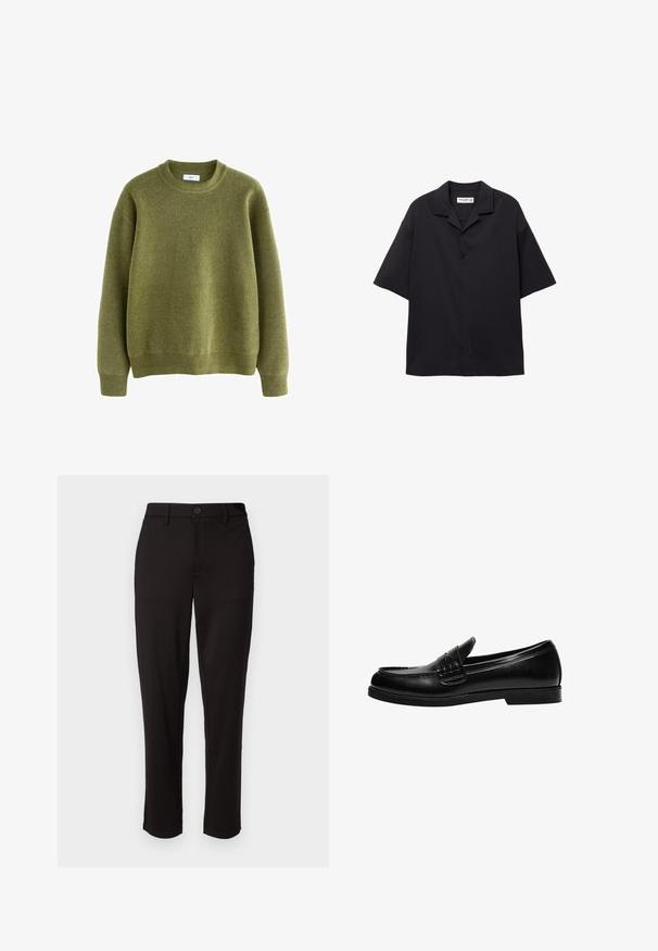 Zeleni pleteni džemper s rebrastim okruglim izrezom, dugim rukavima i opuštenim krojem. Izrađen od mekanog materijala s glatkom teksturom i minimalnim detaljima.; Crna košulja kratkih rukava s dugmadi, izrađena od glatkog materijala, s preklopom na ovratniku i ležernim krojem. Ima pet dugmadi sprijeda i bez uzoraka.; Crne hlače od lagane tkanine, s ravnim nogavicama, prednjim zatvaranjem na dugme, petljama za remen i bočnim džepovima.; Crna kožna loafer cipela s glatkom površinom, koja ima šavnu obradu na gornjem dijelu i nisku, čvrstu crnu gumenu podlogu.