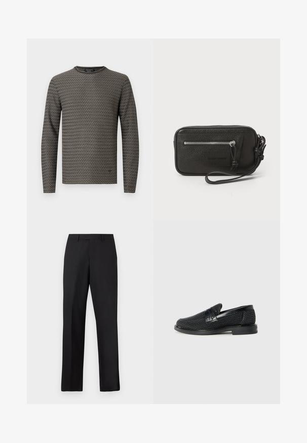 Camicia a maniche lunghe in tessuto grigio strutturato con motivo a spina di pesce. Presenta un girocollo tondo e una vestibilità rilassata. Adatta per un abbigliamento casual.; Pantaloni neri a gamba dritta in tessuto liscio. Presentano una vita standard e nessun motivo o accento visibile.; Scarpa nera a mocassino intrecciata con un accentuato in pelle liscia sulla parte superiore, design a punta rotonda e suola in gomma a profilo basso.; Clutch nera in pelle con superficie testurizzata, tasca frontale con zip e tracolla rimovibile. Presenta una patch con logo sul davanti. Forma rettangolare.