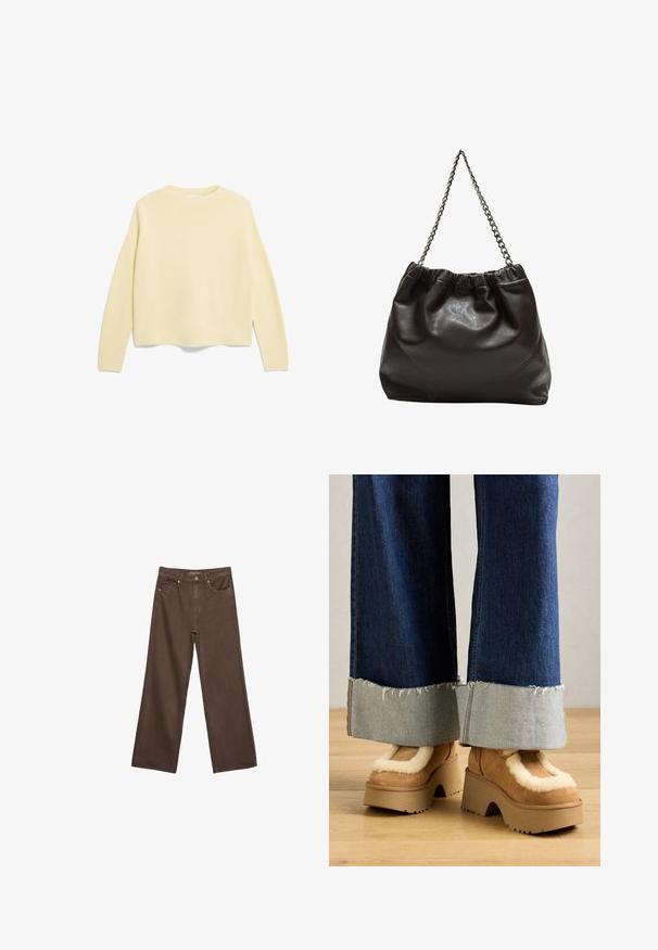 ARMEDANGELS MERINAA - Strickpullover - early yellow; Weite braune Jeans aus Denim, mit hoher Taille, Fronttaschen und klassischem Knopfverschluss. Glatte Textur mit feinen Nähten.; Braune Wildleder-Plateau-Stiefel mit cremefarbener Fellfütterung, kombiniert mit weiten Denim-Hosen mit fransigen Säumen und einem helleren Denim-Bündchen.; Braune Lederhandtasche mit gerafftem Oberteil und Kettenriemen. Glatte Textur mit glänzendem Finish und subtilen Nahtdetails an den Seiten.