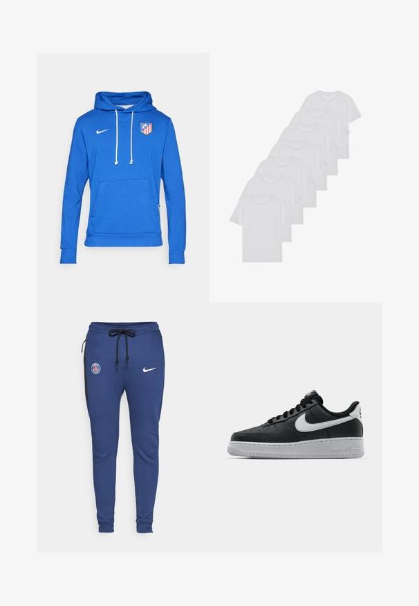 Zils kapucis, kas izgatavots no kokvilnas maisījuma, ar priekšējo kabatu un baltām šņorēm. Nike logo augšējā kreisajā stūrī, Atlético Madrid emblēma uz krūšu.; Baltie kokvilnas T-krekli, īsas piedurknes, apaļas izgriezuma dizains, vienkārša tekstūra, sakrauti rindā, ar smalku zīmolu pie kakla izgriezuma.; Zilas sporta bikses ar auklu vidukli, sānu rāvējslēdzēja kabatām, melniem akcentiem un logo: PSG emblēma un Nike svītra.; Melna ādas sporta apavi ar teksturētu virsmu, balta Nike swoosh zīme, pelēks zole, apaļa pirksta daļa un saistējs dizains. Iekļautas perforācijas uz pirksta kastes.