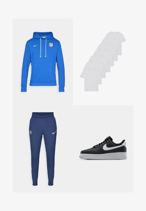 Hoodie bleu en mélange de coton, avec une poche frontale et des cordons blancs. Logo Nike sur le côté supérieur gauche, blason de l'Atlético de Madrid sur la poitrine.; T-shirts en coton blanc, à manches courtes, design col rond, texture uniforme, empilés en rangée, avec un logo subtil au niveau de l'encolure.; Pantalons de sport navy en tissu texturé avec un logo Paris sur la cuisse gauche et un logo Nike blanc sur la droite.; Baskets en cuir noir avec surface texturée, swoosh Nike blanc, semelle grise, bout rond et design à lacets. Comprend des perforations sur la boîte à orteils.