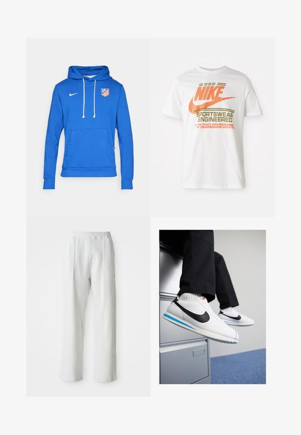 Hoodie bleu en mélange de coton, avec une poche frontale et des cordons blancs. Logo Nike sur le côté supérieur gauche, blason de l'Atlético de Madrid sur la poitrine.; T-shirt en coton blanc arborant un grand logo orange "NIKE" ainsi qu'un texte vert indiquant "SPORTSWEAR ENGINEERED" et d'autres spécifications.; Pantalons blancs décontractés avec une taille élastique et de grandes poches avant, présentés sur un fond clair et uni.; Baskets en cuir blanc avec un logo Nike en swoosh noir, semelle en caoutchouc bleu clair et gris, et design classique à lacets. Pieds reposant sur un cabinet de rangement.