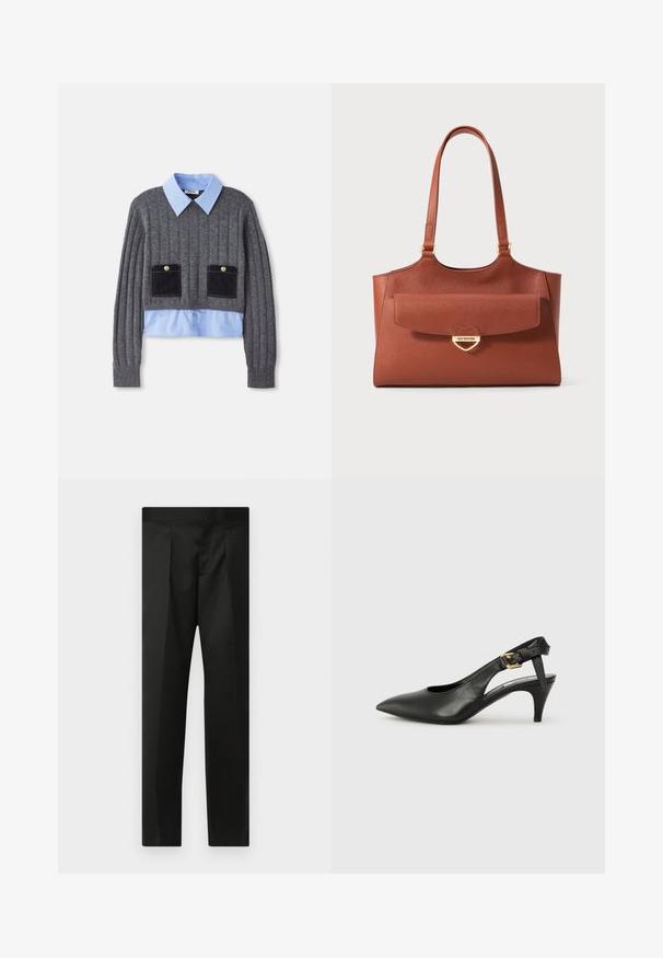 Szürke bordás pulóver, alatta világoskék galléros inggel, két elülső zsebbel, sötétkék részletekkel és gombos díszítéssel.; Fekete nadrág sima anyaggal, testhezálló fazonnal, egyenes lábakkal és lapos derékkal, látható zárak vagy zsebek nélkül.; Fekete bőr slingback szivattyú hegyes orral, kis sarokkal és csat részlettel a bokapánton. Simaság, minimalista dizájn.; Barna bőr bevásárló táska hosszú füllel, elülső fedélzsebbe, és arany szív alakú zár, amelyre az "Love Moschino" felirat van gravírozva.
