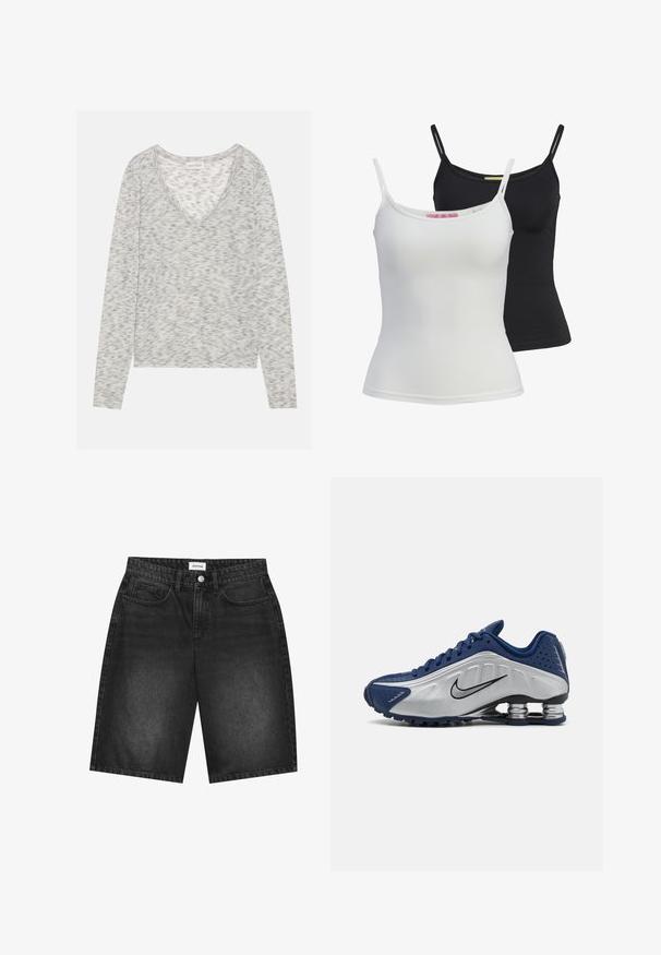 Graues Langarmoberteil mit V-Ausschnitt, das eine dezente gesprenkelte Textur und angenehmes Strickmaterial aufweist. Das Etikett liest "ANNA FIELD."; Zwei grundlegende Tanktops in Schwarz und Weiß, aus einem glatten, dehnbaren Stoff. Mit dünnen Trägern und einem schlichten, taillierten Design.; Schwarze Denim-Shorts mit geradem Bein, mit einem Fünf-Taschen-Design und einem vorderen Knopfverschluss. Strukturiertes Gewebe mit einem verblassten Finish.; Blaue und silberne Sportschuhe mit einer strukturierten Oberseite, Perforationen und einer gebogenen Sohle, die über metallische Dämpfungselemente verfügt. Schwarzes Logo-Detail.