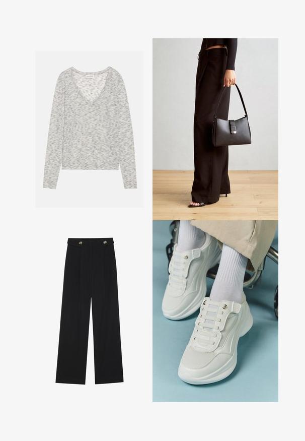 Grå langermet topp med V-hals design, med en subtil spraglete tekstur og myk strikket materiale. Merket leser "ANNA FIELD."; Svart vide bukser med høy midje, knappdetaljer på midjebåndet og frontplisser.; Hvite sneakers med mesh-materiale, gummisåle, snøret design uten laces og elastiske bånd, samt gulltone detaljer.; Svart håndveske med strukturert form, jevn tekstur og metallisk lås. Kombinert med brede svarte bukser og sandaler med åpen tå på tregulv.