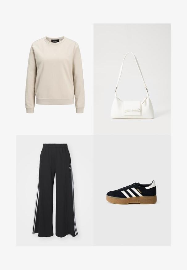 Beige genser med rund hals, lange ermer, ribbestrikkede mansjetter og kant, laget av mykt bomullsstoff. Lett design uten mønstre.; Svart vide joggebukser med elastisk midjebånd, med hvite sidestriper og brodert logo på venstre lår.; Svart semsket sneakers med hvite tre striper og gulldetaljer. Gummisåle med strukturert grep. Klassisk lavt snitt, rundet tå.; Hvit syntetisk håndveske med trekantet form, flat klaff foran og sløyfe detaljer, justerbar stropp, glatt tekstur og minimalistisk design.