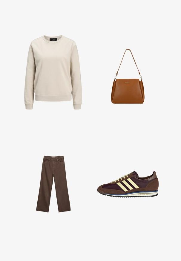 Béžová mikina s kulatým výstřihem, dlouhými rukávy, žebrovanými manžetami a lemem, vyrobená z měkkého bavlněného materiálu. Jednoduchý design bez vzorů.; Hnědé džíny s širokými nohavicemi vyrobené z denimu, s vysokým pasem, předními kapsami a klasickým zapínáním na knoflík. Hladká textura s jemným švem.; Hnědé a burgundské tenisky z semiše a síťoviny, s třemi krémovými pruhy, texturovaným materiálem na jazyku a gumovou podrážkou.; Hnědá kožená kabelka s texturovaným povrchem, s jedním ramenním popruhem a decentním logem na přední straně. Disponuje strukturovaným designem.
