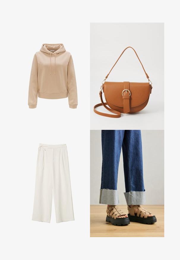 Hellbeige Kapuzenpullover mit Kapuze mit Kordelzug, langen Ärmeln und Fronttasche. Er hat eine weiche Textur und dezente Nähdetails.; Weite Hosen aus elfenbeinfarbenem Stoff mit glatter Textur. Verfügt über einen gebundenen Bund und einen gefalteten Vorderteil, konzipiert für eine entspannte Passform.; Beige Plattform-Sandalen mit dicken schwarzen Sohlen und mehreren Riemen zur Unterstützung. Kombiniert mit hellblauen, umgeschlagenen Jeans.; Braune Leder-Crossbody-Tasche mit geschwungener Form, goldfarbenen Beschlägen und einer Schnallenakzentuierung. Verfügt über einen abnehmbaren Schultergurt.