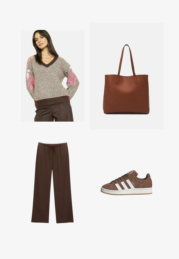 Gestreifter Strickpullover mit V-Ausschnitt, braunem Saum und strukturierten Ärmeln, die mit floralem Stickereien in rosa und orange Tönen verziert sind.; Braune weite Hosen aus weichem Stoff, mit einem elastischen Bund und Kordelzug sowie zwei Seitentaschen.; Braune Wildledersneaker mit weißen Lederstreifen, Gummisohle, gerundetem Zehenbereich und Schnürung. Mit einem Logo auf der Zunge und perforierten Akzenten.; Braune Leder-Tote mit glatter Textur, offenem Oberteil und zwei Schulterriemen. Verfügt über minimale Nähte und keine sichtbaren Beschläge.