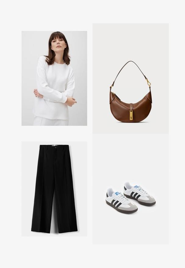 Felpa bianca a maniche lunghe con scollatura a girocollo, texture liscia, vestibilità rilassata e orlo leggermente curvo, indossata con le braccia incrociate.; Pantaloni neri a gamba larga realizzati in tessuto leggero, caratterizzati da una chiusura frontale con bottone e frontale piatto, con orli cuciti con precisione.; Scarpe sportive con tomaia in pelle bianca, punta in suede grigia e tre strisce nere. Presentano un logo blu sulla linguetta e una suola in gomma testurizzata.; Borsa a spalla in pelle marrone con forma curvata, hardware dorato, dettaglio con gancio superiore e accento con logo. Texture liscia con bordi cuciti.