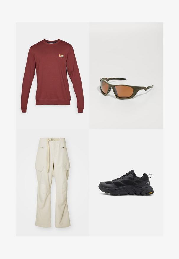 Red long-sleeve sweatshirt made of cotton blend, featuring a ribbed neckline, cuffs, and a small logo patch on the chest.; Beige cargo pants with a wide leg, belted waist, two side pockets, and knee patches. Smooth texture with reinforced stitching details.; Black athletic shoes with a chunky sole, mesh and synthetic upper, textured accents, and Vibram branding on the outsole.; Olive green sunglasses with rectangular lenses and orange tint, featuring a textured frame and distinctive angular temples.