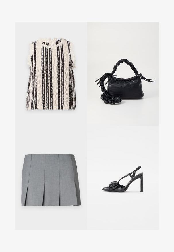 Sleeveless top featuring a cream and black striped pattern, delicate lace trim, and a high neck with a back closure. Textured fabric.; Gray pleated skirt featuring a smooth texture, structured design, and a fitted waist. Made from a lightweight fabric with subtle pattern.; Black high-heeled shoe with a pointed toe, glossy texture, thin straps, and a decorative pleated detail on the front.; Black faux leather handbag with a crocodile texture, cinched top, and a scrunched strap. Appears soft and compact in design.