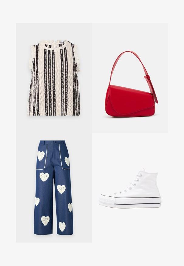 Top senza maniche con un motivo a righe crema e nero, delicata rifinitura in pizzo e collo alto con chiusura posteriore. Tessuto testurizzato.; Sister Jane HEART TO HEART - Jeans a sigaretta - blue denim; Sneaker alta in tela bianca con suola in gomma nera, punta in gomma frontale e sei asole per i lacci, caratterizzata da un design pulito e minimalista.; Borsa a tracolla in pelle rossa con un design angolare e geometrico. Presenta una singola tracolla regolabile e una chiusura a patta con dettagli cuciti.
