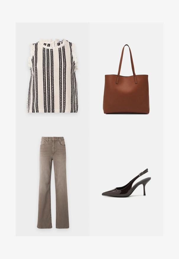 Sleeveless top featuring a cream and black striped pattern, delicate lace trim, and a high neck with a back closure. Textured fabric.; Brown high-waist straight-leg jeans with front button, belt loops, and classic five-pocket design on a white background.; Slingback high-heeled shoe in glossy dark brown patent leather, pointed toe, open sides, and adjustable ankle strap.; Brown leather tote bag with a smooth texture, open top design, and two shoulder straps. Features minimal stitching and no visible hardware.