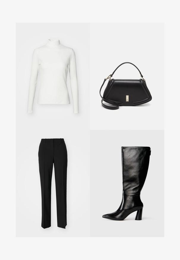 Maglione a collo alto bianco a coste con maniche lunghe, realizzato in tessuto elasticizzato. Presenta un design aderente e un colletto alto per una maggiore copertura.; Pantaloni neri su misura con un design a gamba dritta, caratterizzati da una texture liscia e pieghe ben definite sul davanti. Senza hardware visibile.; Stivale in pelle nera, alto fino al ginocchio, con punta affusolata, superficie liscia e tacco spesso. Presenta un dettaglio con zip sul retro.; Borsa a mano in pelle nera con un design strutturato, caratterizzata da una forma corta, manico superiore e accessori in metallo dorato. Inclusa tracolla regolabile.