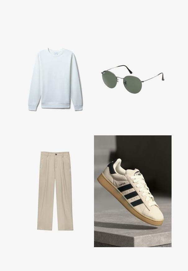 Felpa bianca realizzata in tessuto morbido, con colletto a girocollo, maniche lunghe, polsini a costine e un design semplice senza decorazioni.; Pantaloni beige a taglio dritto, con un solo bottone nero, passanti per la cintura e tasche laterali. Tessuto dalla texture liscia e design minimale.; Sneaker in suede beige con tre strisce blu scuro, lacci bianchi e suola in gomma beige. Presenta un logo sulla linguetta e il testo "CAMPUS".; Occhiali da sole con montatura in metallo e lenti verdi ovali. Montatura sottile in metallo argento e terminali neri. Design minimalista, senza loghi visibili.