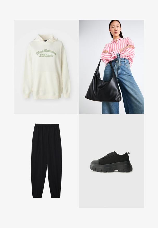 Kremfarget hettegenser med frontlomme og lys grønn "New Balance Athletics" tekst på brystet.; Svarte, lette bukser med elastisk liv og rynkede ankler. Stoffet er glatt og har en avslappet, innsvingt design.; Svarte sneakers med en kraftig gummisåle, teksturert stoffoverdel, rund tå og snøring. Har forsterkede snørehull og bakre trekkstang.; Svart skinn skulderveske med en avslappet form og sømdetaljer. Modellen har på seg en rosa og hvit stripete skjorte med vide blå jeans.