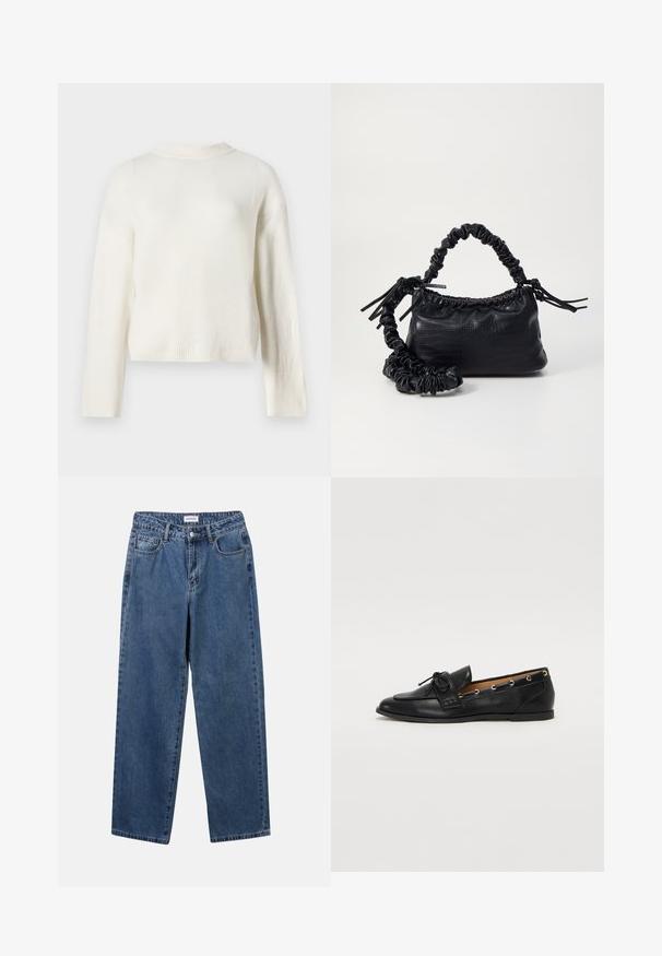 Kremo spalvos megztinis su ilgomis rankovėmis ir apvalia iškirpte. Yra raištelių manžetai ir trumpas kirpimas, išryškinantis minkštą tekstūrą.; Klasikiniai mėlynos džinsinio audinio džinsai su tiesiomis kojomis, penkiomis kišenėmis ir mygtukų uždarymu. Pasižymi vidutiniu skalbimu ir tvirtu audiniu.; Juodi odiniai loafai su surišta mazgeliu, su auksinėmis akytėmis šoninėse dalyse ir plokščiu guminiu padu. Lygus paviršius, klasikinis dizainas.; Juodas dirbtinės odos rankinė su krokodilo tekstūra, sušnibždinta viršuje ir susikraipytu dirželiu. Atrodo minkšta ir kompaktiška.