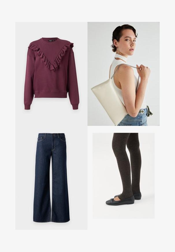 Felpa bordeaux con scollatura a V arricciata, maniche lunghe e polsini e orlo a coste. Realizzata in tessuto morbido con una vestibilità comoda.; Jeans a gamba larga in denim blu scuro. Presentano cuciture a contrasto, cinque tasche e una chiusura con bottone in vita. Texture morbida.; Scarpe nere a flat con un piccolo fiocco sulla punta, abbinate a collant a coste marrone scuro. Le scarpe hanno una texture liscia e un profilo basso.; Borsa a pochette rettangolare bianca realizzata in materiale lucido, con una tracolla in catena argentata. Il modello posa, mostrando la borsa su uno sfondo semplice.