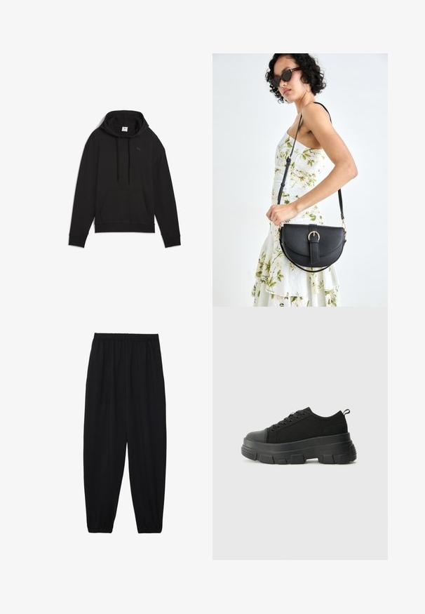 Černá mikina s kapucí vyrobená z měkké tkaniny, s klokaní kapsou, stahovací kapucí a malým logem na hrudi.; Černé, lehké kalhoty s elastickým pasem a nařasenými kotníky. Tkanina je hladká a má uvolněný, zúžený design.; Černé tenisky s robustní gumovou podrážkou, vrchní část z texturované tkaniny, kulatá špička a šněrovací design. Obsahují zesílené okraje pro tkaničky a poutko na zadní straně.; Černá kožená kabelka s křivkovým tvarem, odnímatelným popruhem a zlatými detaily. Kabelka má klopu s přezkou.
