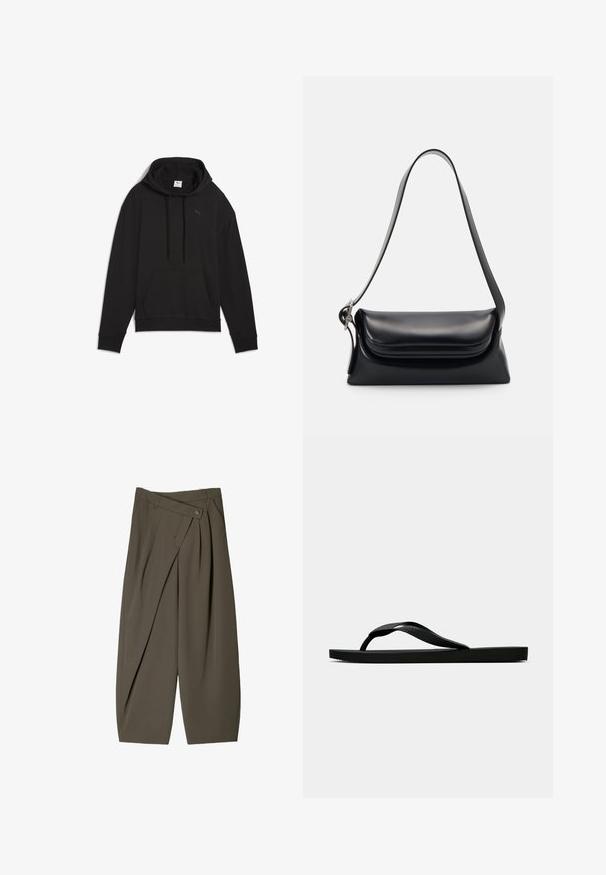 Felpa nera con cappuccio realizzata in tessuto morbido, dotata di tasca a soffietto, cappuccio con lacci e un piccolo logo sul petto.; Pantaloni larghi in tessuto verde oliva scuro, con un design frontale plissettato, chiusura con bottone e una superficie lucida e strutturata.; Infradito in gomma nera con cinturino testurizzato e suola piatta semplice, mostrati di lato su uno sfondo chiaro e uniforme.; Borsa a tracolla nera in pelle con una forma strutturata, una texture liscia e una singola tracolla. Presenta un design a patta arrotondata e discreta.