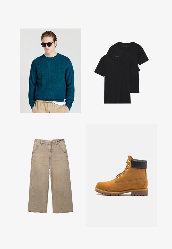 Calliope Strickpullover - ottanio; Zwei schwarze Baumwoll-T-Shirts mit kurzen Ärmeln, runden Ausschnitten und einer glatten Textur, übereinander gestapelt.; PULL&BEAR MEGA BAGGY - Baggy Jeans - light grey; Beige Wildleder-Ankle-Boot mit schwarzem gepolstertem Kragen, goldenen Metallösen, weißen Nähdetalben und einer robusten Gummisohle mit ausgeprägtem Profil.