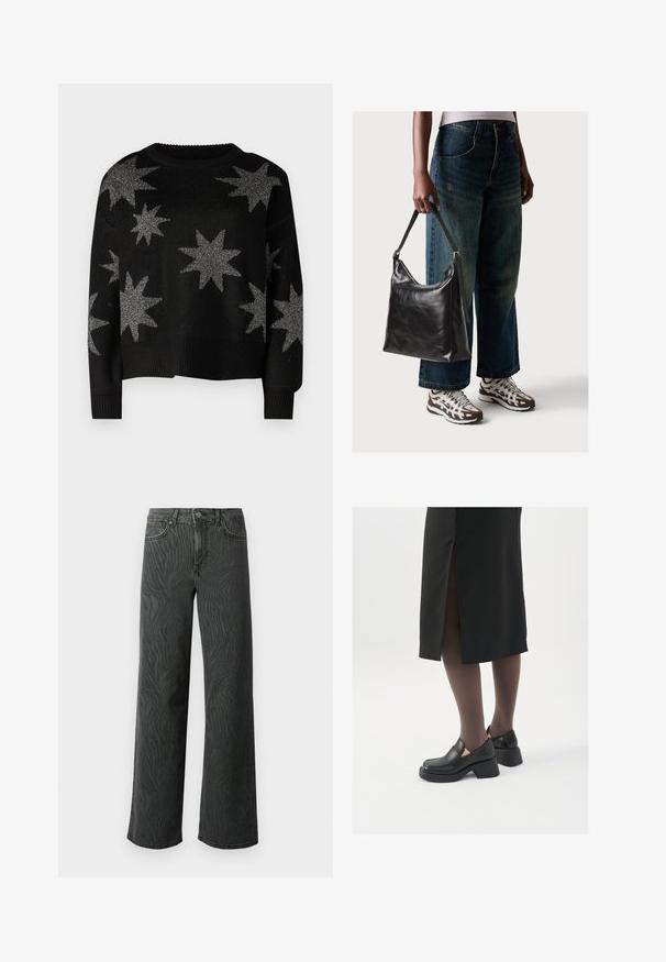 Czarny sweter dzianinowy z srebrnymi wzorami gwiazdek, okrągłym dekoltem oraz ściągaczami przy mankietach i dolnej krawędzi. Miękka faktura, luźny krój.; Jeans o szerokich nogawkach w ciemnoszarym denimu, z subtelną fakturą w zebry, kontrastowym przeszyciem i pięci Pocket designem z zapinaniem na guzik.; Czarne skórzane buty z okrągłym noskiem, grubym blokowym obcasem i elastycznymi akcentami po bokach, zestawione z ciemnymi rajstopami i czarną spódnicą z rozcięciem.; Czarna skórzana torba na ramię o gładkiej fakturze i regulowanym pasku, w zestawieniu z wyblakłymi dżinsami typu wide-leg i sportowymi butami.