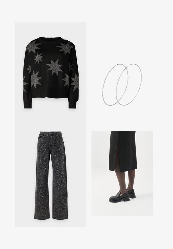 Maglione nero a maglia con motivi di stelle argentate, scollatura rotonda e polsini e orlo a costine. Tessuto morbido con vestibilità comoda.; Noisy May NMJANNEL LOOSE - Jeans baggy - black denim; Scarpe in pelle nera con punta arrotondata, tacco spesso a blocco e accenti laterali in elastico, abbinate a collant scuri e una gonna nera con uno spacco.; Orecchini a cerchio in argento con un design minimalista. Forma circolare, superficie liscia e profilo sottile. Leggeri con una finitura lucida.
