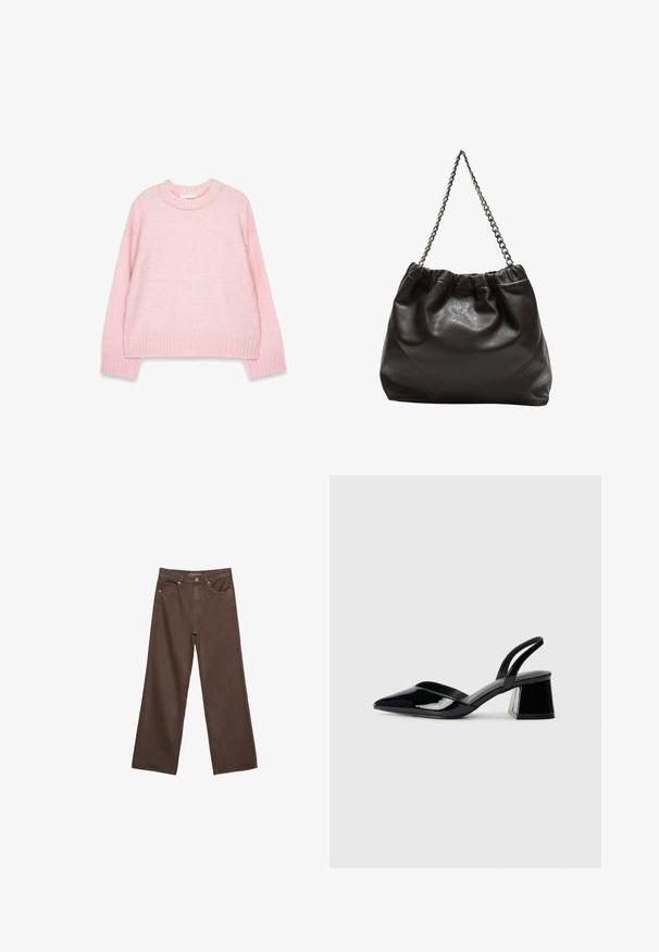 Miękki różowy sweter dzianinowy z długimi rękawami, prążkowanymi mankietami, dołem i okrągłym dekoltem leżący płasko na białym tle.; Szerokie brązowe dżinsy wykonane z denimu, z wysokim stanem, przednimi kieszeniami i klasycznym zapięciem na guzik. Gładka faktura z subtelnym przeszyciem.; Czarne lakierowane półbuty na obcasie z wydłużonym noskiem i geometrycznym słupkiem. Charakteryzują się eleganckim, minimalistycznym designem oraz gładką fakturą.; Brązowa skórzana torba z marszczonym szczytem i łańcuszkowym paskiem. Gładka tekstura z błyszczącym wykończeniem i subtelnymi detalami szwów po bokach.
