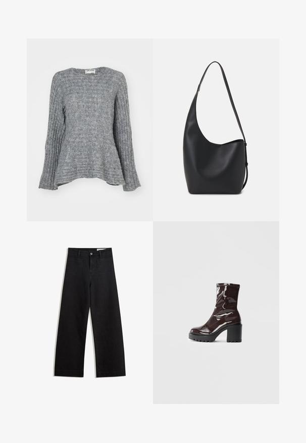 Šedý pletený svetr s ribbenou texturou, dlouhými rukávy a rozšířeným designem na lemu. Kulatý výstřih a štíhlý tvar.; Černé denimové kalhoty s volným střihem a vysokým pasem, vybavené předními a zadními kapsami, prošívanými švy a knoflíkovým zapínáním. Hladká textura.; Lesklá bordó kotníková bota s masivním černým podpatkem, se hladkým povrchem a jednoduchým designem. Žádné viditelné zapínání ani vzory.; Černá kožená hobo taška s hladkým povrchem, zakřiveným tvarem a jedním nastavitelným popruhem; má široké otevírání nahoře.