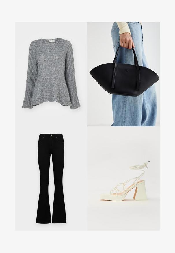 Halli kudumüts, millel on ribakonstruktsioon, pikad varrukad ja laienev disain alumises servas. Ümar kaelus ja voolujooneline kuju.; Mustad kõrge vöökohtadega teksad, millel on nööp ja lukuga sulgemine, esikäe taskud ja laienevad sääred, asetatud tasasele valgele taustale.; Valged kõrge kontsaga sandaalid, millel on paks konts ja rihmadega disain koos pahkluu sidumisega. Sile tekstuur ja platvorm ees, et lisada kõrgust.; Must mustra kott, millel on unikaalne fännikujuline disain, millel on lapikud käepidemed. Pinna tekstuur on kivikujuline ja disain on minimalistlik.