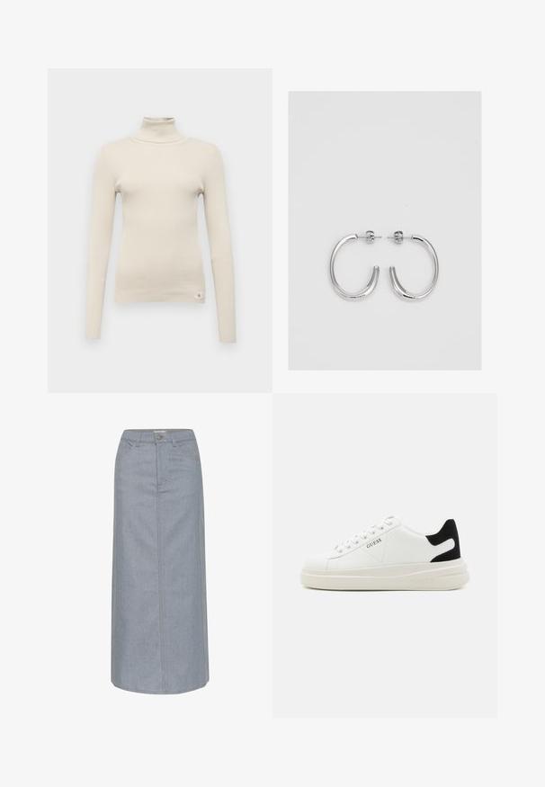 Beige bordázott garbó pulóver hosszú ujjal, slim fit fazonnal és egy kis márkás címkével az alsó bal részen. Puha textúra, letisztult dizájn.; Világoskék farmer szoknya, térdhosszú, egyenes szabású, öt zsebes, gombos záródással és kontrasztos varrási részletekkel.; Fehér bőr sportcipők vastag fehér talppal, fekete velúr sarokpikkelyel és dombornyomott logóval az oldalon. Fűzős kialakítás, hat fűzőlyukkal.; Ezüst karika fülbevalók sima, fényes felülettel. Lekerekített forma, könnyű kialakítással, tűs zárómechanizmussal.