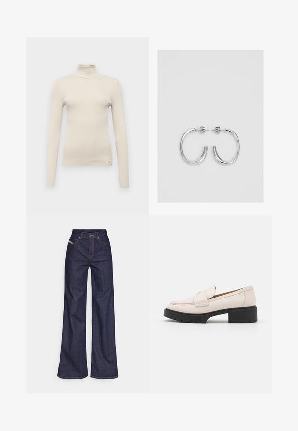 Bēšas ribotu turtleneck džemperis ar garām piedurknēm, šaurs piegriezums un neliels apzīmējuma uzraksts kreisajā apakšējā stūrī. Mīksta tekstūra, vienkāršs dizains.; Tumši zili platleņķa džinsi no denima auduma ar augstu jostasvietu, ar oranžām šuvēm, piecu kabatu dizainu un pogu aizdari.; Gai krēmkrāsas ādas loaferi ar šuvēm priekšpusē un teksturētu melnu platformas papēdi. Ir izliekts dizains un neliels pacēlums.; Sudraba riņķveida auskari ar gludu, spīdīgu apdari. Apaļas formas, viegla dizaina, ar aizdari uz stieples.
