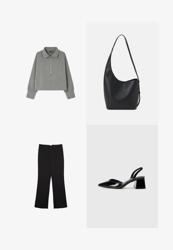 Šedá zkrácená mikina s dlouhými balónovými rukávy, vysokým límcem a čtvrtzipem v přední části s detaily stříbrného zipu.; Černé kalhoty s rovným střihem, s předními kapsami a bočními rozparky na lemu. Vyrobené z jemné, hladké tkaniny. Vhodné na různé příležitosti.; Černé lakované kožené lodičky na pásku s špičatou špičkou a geometrickým blokovým podpatkem. Vyznačují se elegantním, minimalistickým designem a hladkým povrchem.; Černá kožená hobo taška s hladkým povrchem, zakřiveným tvarem a jedním nastavitelným popruhem; má široké otevírání nahoře.