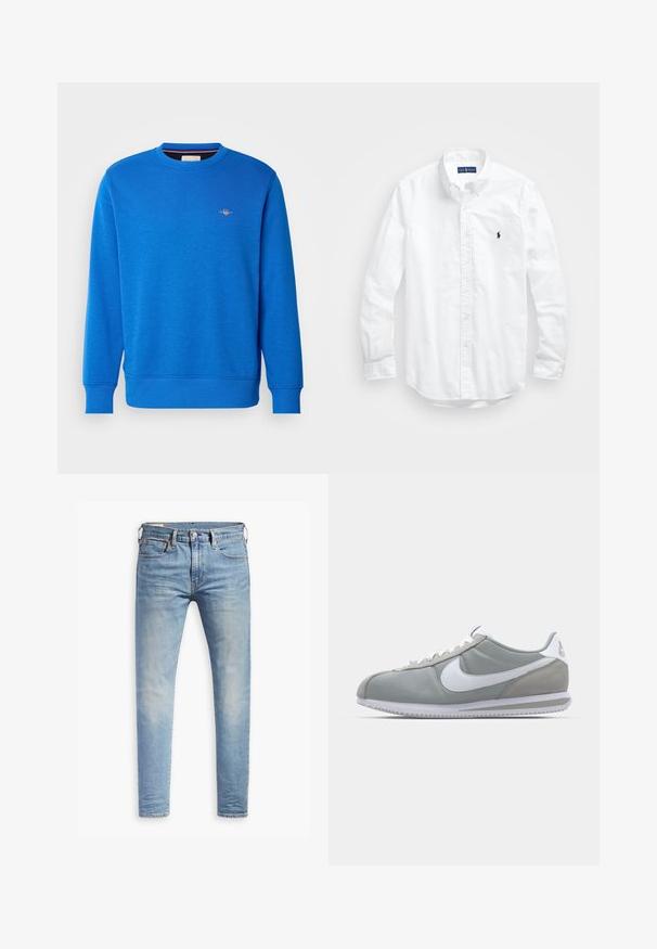 Zila apkakles džemperis, izgatavots no mīkstas auduma, ar ribinātu piedurkņu un apakšmalu dizainu, uz augšējā krūšu daļas ir neliels izšūts logs.; Balta garām piedurknēm pogājamā krekla izgatavots no kokvilnas. Iezīmē klasisku apkakli, poga aproces un mazu tumši zilu izšūtu logo uz krūšu.; Gaiši zili pieguļoši džinsi ar nelielu izbalēšanu uz gurniem, ar pogu aizdari priekšā, jostas cilpām un piecu kabatu stilu uz baltā fona.; Pelēkie sporta apavi ar zamša un tekstila augšu, balto Nike logotipu un baltiem šņorēm. Iezīmējas ar strukturētu gumijas zoli un mīkstu apkaklīti.