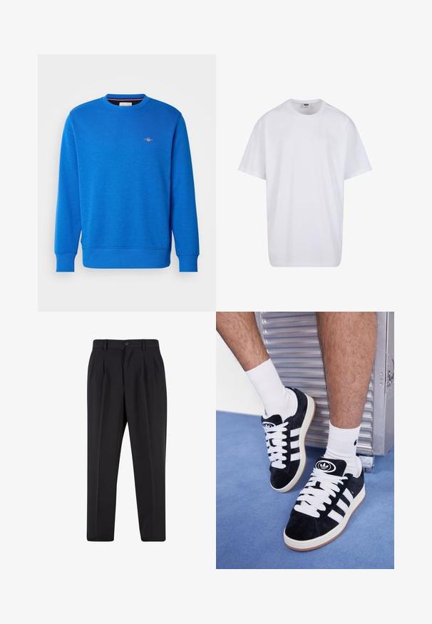 Blauwe sweatshirt met ronde hals, gemaakt van zachte stof, met ribgebreide manchetten en onderkant, voorzien van een klein geborduurd logo op de bovenborst.; Witte katoenen t-shirt met korte mouwen, ronde hals, relaxte pasvorm en zonder zichtbare logo's of patronen. Gladde textuur en minimalistisch ontwerp.; Zwarte broek met een geplooid design aan de voorkant, gemaakt van soepel stof. Voorzien van een knoopsluiting en riemlussen; rechte pasvorm.; Zwarte suède sneakers met witte veters en drie witte strepen. Heeft een cirkelvormig zwart logo op de tong en een gumrubberen zool.