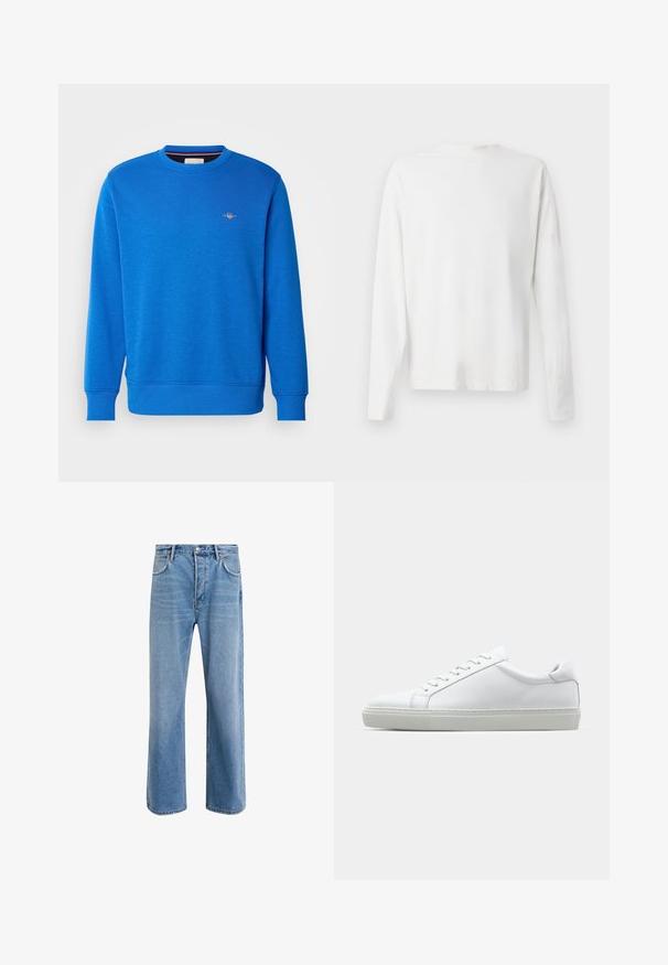 Felpa blu a girocollo realizzata in morbido tessuto, con polsini e orlo a costine, e un piccolo logo ricamato sulla parte superiore del petto.; Camicia bianca in cotone a maniche lunghe con scollatura rotonda, spacchi laterali in fondo e una texture liscia, mostrata da dietro.; Jeans in denim blu chiaro con design a gamba dritta, cinque tasche, chiusura con bottone, leggero sbiadimento e dettagli di cucitura a contrasto.; Sneaker bianco con tomaia in pelle liscia e profilo basso. Presenta una punta arrotondata, sei occhielli e una suola in gomma testurizzata.