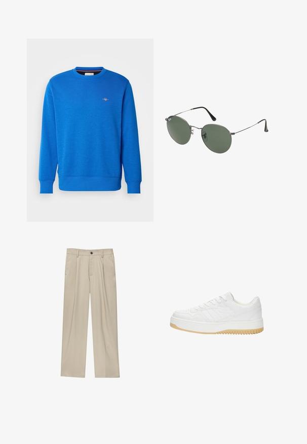 Blå crew-neck sweatshirt lavet af blødt stof, med ribbede manchetter og kant, samt et lille broderet logo på over brystet.; Hvid polo skjorte lavet af bomuld, med en klassisk krave, korte ærmer og et lille marineblåt logo på venstre bryst. To-knaps knaplukning.; Beige bukser med lige snit, der har en enkelt sort knap, bæltestropper og sidelommer. Glat stoftekstur og minimalistisk design.; Hvide lædersneakers med struktureret finish, der har en gummisål, snørebåndsdesign og diskrete stribedetaljer på siderne.; Metalrammede solbriller med ovale grønne linser. Tynd sølvmetalramme og sorte ørepropper. Minimalistisk design, ingen synlige logoer.