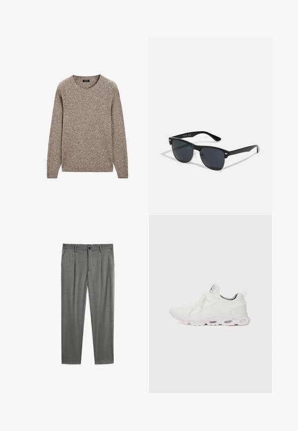 Pull en tricot marron avec un col rond, des manches longues et une finition texturée. Le tissu semble doux et légèrement épais.; Pantalon gris avec une texture lisse, doté d'une fermeture à bouton, d'une taille élastique et de deux poches latérales. Design ajusté avec des plis.; Baskets blanches de sport avec un dessus en maille texturée, des lacets plats et une semelle rembourrée avec des chambres à air visibles pour un soutien supplémentaire.; Lunettes de soleil noires de forme rectangulaire, verres foncés, accents argentés aux tempes et finition mate sur la monture.