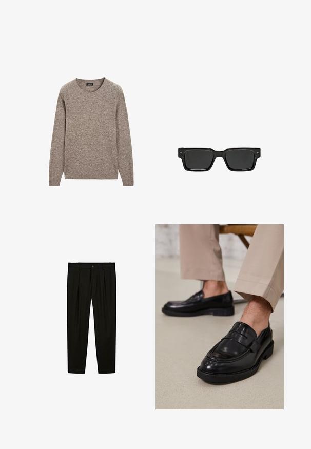 Brauner, gestrickter Pullover mit einem runden Ausschnitt, langen Ärmeln und einer strukturierten Oberfläche. Der Stoff wirkt weich und leicht dick.; Schwarze maßgeschneiderte Hose aus glattem Stoff. Zu den Merkmalen gehören eine flache Vorderseite, weite Beine und ein Knopfverschluss am Taillenbund.; Schwarze Lederloafers mit glatter Oberfläche, ausgestattet mit einem dekorativen Riemen und Kontrastnähten, kombiniert mit beigen Hosen.; Schwarze rechteckige Sonnenbrille mit dunklen Gläsern, glänzendem Kunststoffrahmen und kleinen Signaturakzenten an den Bügeln. Flaches Profil und scharfe Ecken.