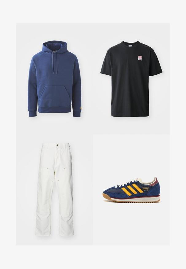 Σκούρο μπλε hoodie φτιαγμένο από μαλακό ύφασμα, με μπροστινή τσέπη καγκουρό, ραβδωτούς μανίκους και κουκούλα με κορδόνια.; Μαύρο βαμβακερό μπλουζάκι με στρογγυλή λαιμόκοψη, κοντά μανίκια και μία μικρή έγχρωμη ετικέτα στο αριστερό στήθος που αναγράφει τη λέξη "SUPERIOR."; Λευκά βαμβακερά cargo παντελόνια με χαλαρή εφαρμογή. Ενδεικτικά χαρακτηριστικά περιλαμβάνουν μπροστινές τσέπες, χρυσές λεπτομέρειες και ενισχυμένα γόνατα.; Ναυτικά σουέτ sneakers με κίτρινες ρίγες, λευκή κορδέλα και μπορντό λεπτομέρειες. Υφασμάτινη σόλα με αυλάκια για πρόσφυση. Λογότυπο της μάρκας στο πλάι.