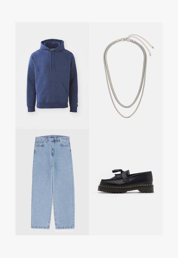 Navy blue hoodie made from soft fabric, featuring a front kangaroo pocket, ribbed cuffs, and a drawstring hood.; Light blue denim jeans with straight leg design, featuring a mid-rise waist, five pockets, and a button and zipper closure.; Black leather loafer with a tasseled accent, featuring a chunky black sole and yellow stitching along the edge. Textured finish.; Three-layered silver metal necklace featuring sleek, flexible chains with a slight sheen, secured with a lobster clasp and adjustable chain.