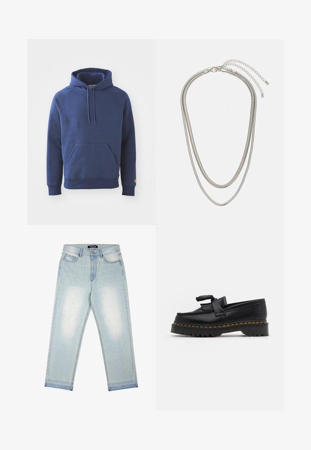 Marineblaue Kapuzenjacke aus weichem Material, mit einer Front-Kängurutasche, gerippten Bündchen und einer verstellbaren Kapuze.; Pegador BARROW - Loose Jeans - sand washed blue; Schwarze Lederloafers mit einem fransenverzierten Akzent, ausgestattet mit einer robusten schwarzen Sohle und gelber Naht entlang der Kante. Texturierte Oberfläche.; Dreischichtige Halskette aus Silbermetall mit schlanken, flexiblen Ketten mit leichtem Glanz, gesichert mit einem Karabinerverschluss und verstellbarer Kette.