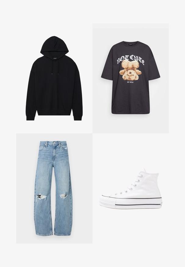 Sweatshirt preto com capuz, feito de algodão, apresentando um fecho com cordão, mangas longas e punhos e bainha canelados. Acabamento liso, de cor sólida.; T-shirt oversized preto com uma gráfica de um urso e o texto "NÃO FOFO, MAS SELVAGEM" em letras brancas e em negrito. Material em algodão.; Jeans de lavagem clara, de cintura alta, feitos de denim. Apresentam pernas largas, duas áreas rasgadas nos joelhos e o estilo clássico de cinco bolsos.; Sapatilha alta de tela branca com sola de borracha preta, bico de borracha na frente e seis ilhós para os atacadores, apresentando um design limpo e minimalista.